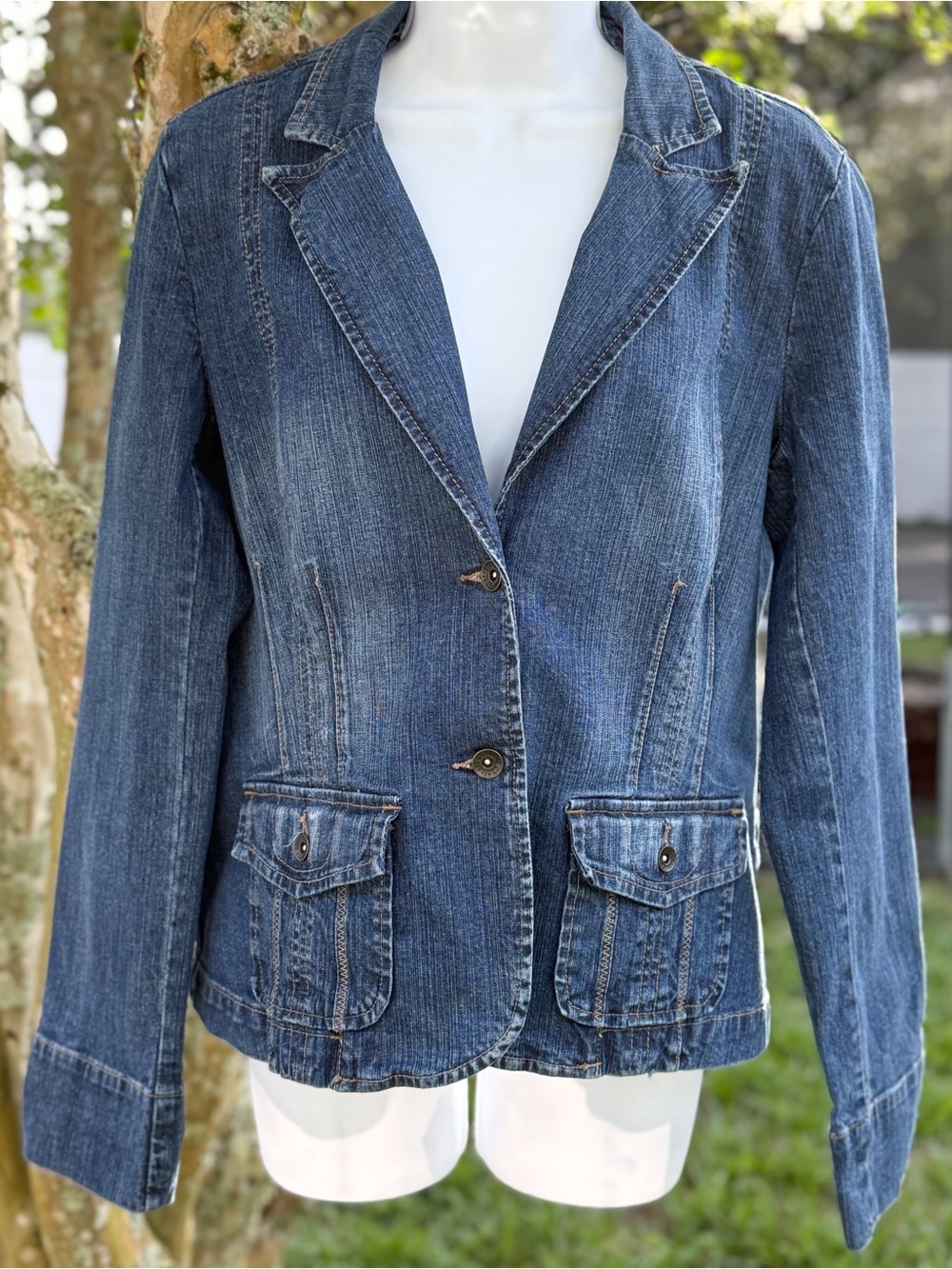 Contrast Womens XL Denim Blazer Jacket Blue Stretch Casual Western